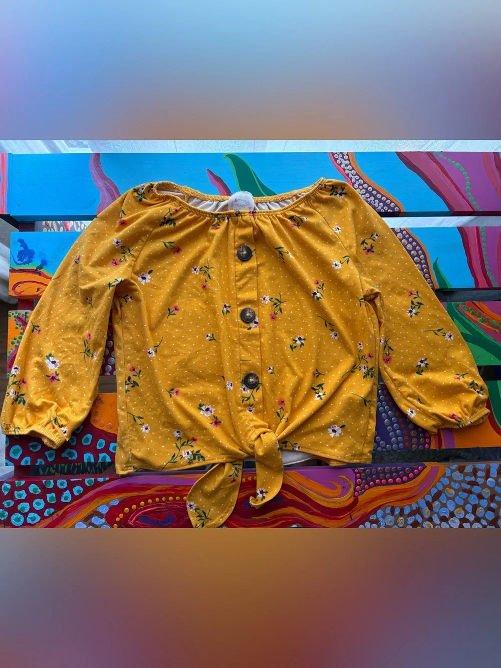 Girls' Mustard Floral Tie-Front Blouse & Pants Matching Set Size 5